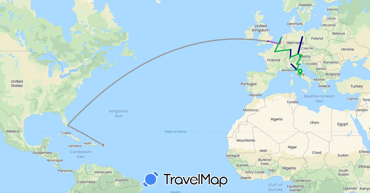 TravelMap itinerary: driving, bus, plane, train in Austria, Belgium, Switzerland, Germany, France, United Kingdom, Italy, Netherlands, United States (Europe, North America)